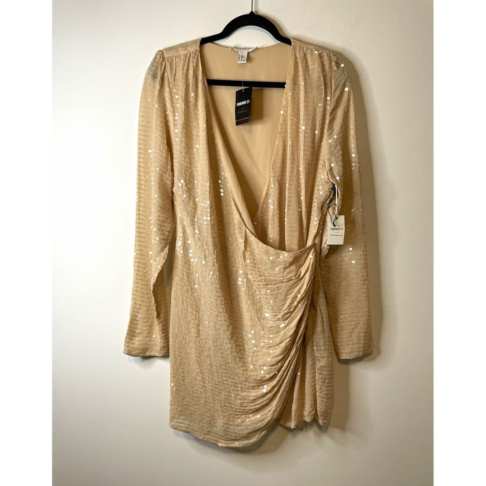 Forever 21 Dress Womens XL Blush Sequin Ruched V Neck Long Sleeve Party Mini